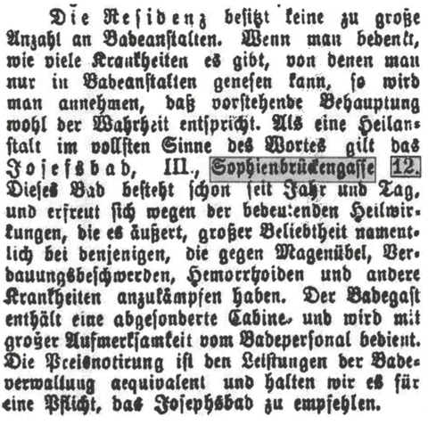Empfehlung des Josephsbads in der Sophienbrückengasse 12 als Badeanstalt mit Heilwirkung gegen Magenübel, Verdauunsbeschwerden, Hemorrhoiden usw.